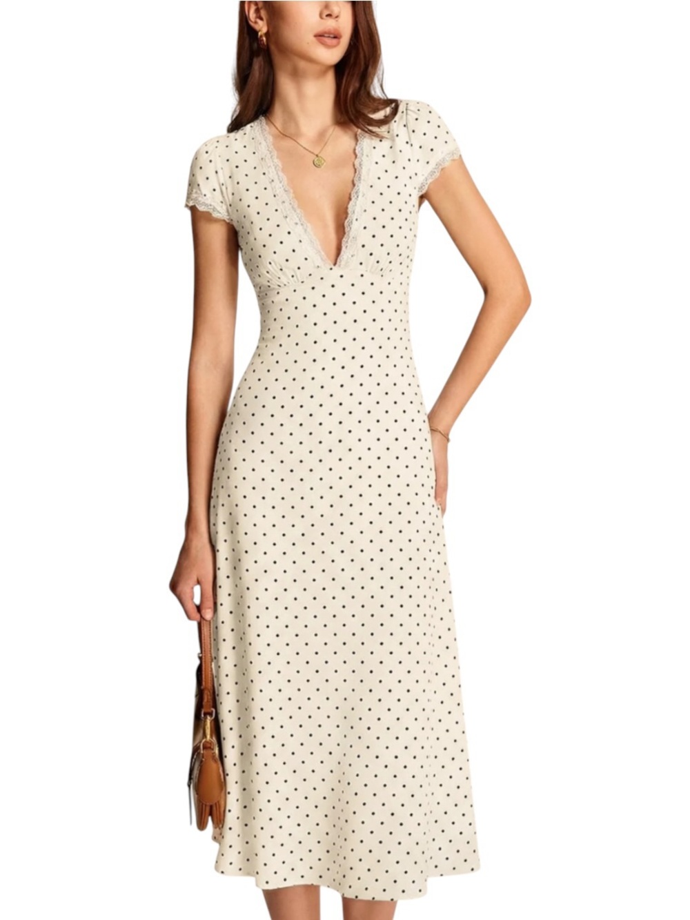 Commense Cream Black Polka Dot Lace Trim Satin Midi Dress Medium NWT